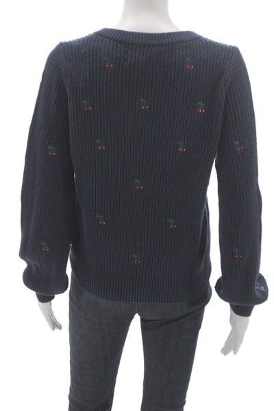 Lucky Brand Womens Pullover Sweater V-Neck Cherry Print Blue Size S
