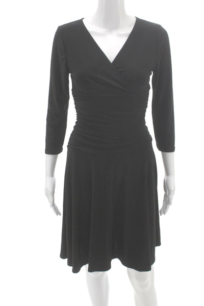 Rekucci Women Wrap Dress Black V-Neck 3/4 Sleeve Knee Length Size 2P