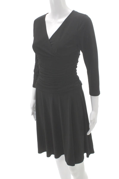 Rekucci Women Wrap Dress Black V-Neck 3/4 Sleeve Knee Length Size 2P