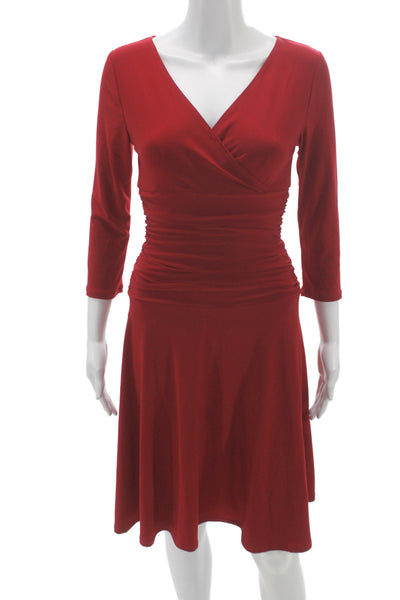 Rekucci Women Red V-Neck Wrap Dress 3/4 Sleeve Knee Length Size 2P