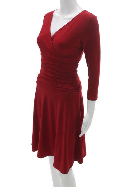 Rekucci Women Red V-Neck Wrap Dress 3/4 Sleeve Knee Length Size 2P