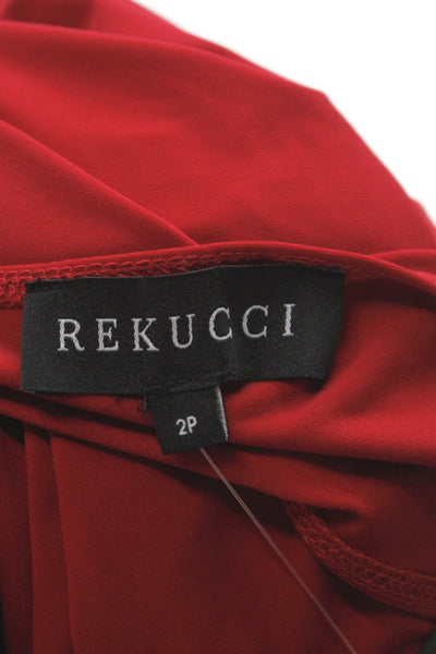 Rekucci Women Red V-Neck Wrap Dress 3/4 Sleeve Knee Length Size 2P