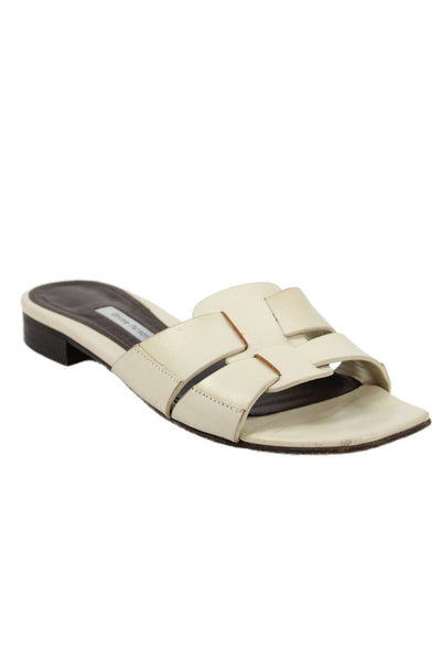 Emme Parsons Womens Leo Leather Flat Slide Sandals Cream Size 9