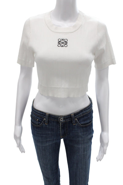 Loewe Women Cropped Striped Ribbed Crew Neck T-Shirt Short Sleeve White Size M