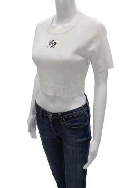 Loewe Women Cropped Striped Ribbed Crew Neck T-Shirt Short Sleeve White Size M