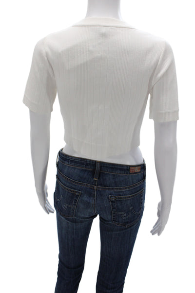 Loewe Women Cropped Striped Ribbed Crew Neck T-Shirt Short Sleeve White Size M