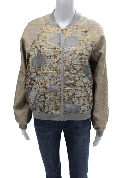 Summum Women Bomber Jacket Beige Argyle Zip Long Sleeve Size 34