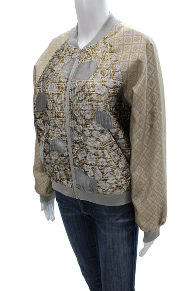 Summum Women Bomber Jacket Beige Argyle Zip Long Sleeve Size 34