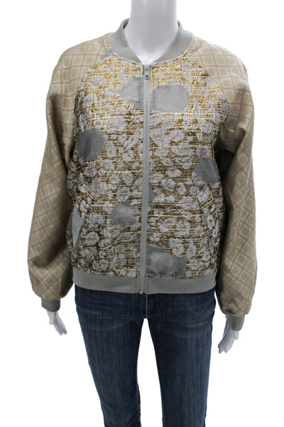 Summum Womens Gold Metallic Geometric Bomber Jacket Zip Long Sleeve Size XS