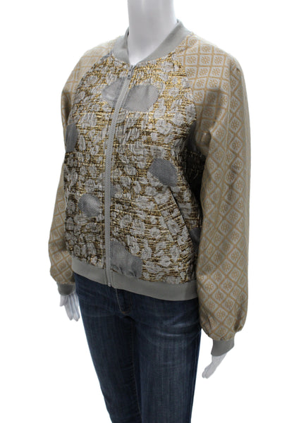 Summum Womens Gold Metallic Geometric Bomber Jacket Zip Long Sleeve Size XS