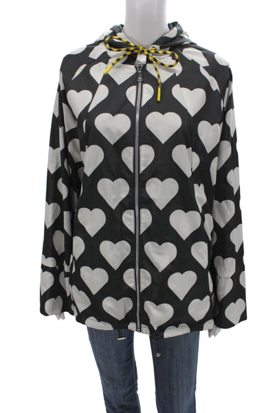 Renuar Womens Black Geometric Hearts Rain Coat Zip Long Sleeve Size M