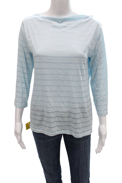 Flat Iron Workshop Women Basic Striped Boat Neck 3/4 Sleeve T-Shirt Blue Size M