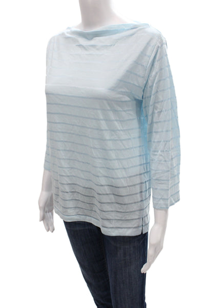 Flat Iron Workshop Women Basic Striped Boat Neck 3/4 Sleeve T-Shirt Blue Size M