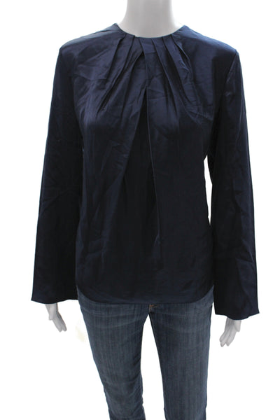 Lily Silk Women Basic Mulberry Silk Blouse Long Sleeve Round Neck Blue Size M