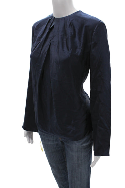 Lily Silk Women Basic Mulberry Silk Blouse Long Sleeve Round Neck Blue Size M