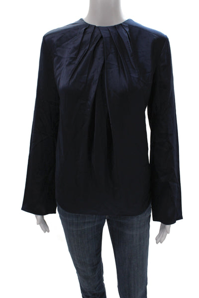 Lily Silk Women Blue Mulberry Silk Round Neck Long Sleeve Blouse Size S