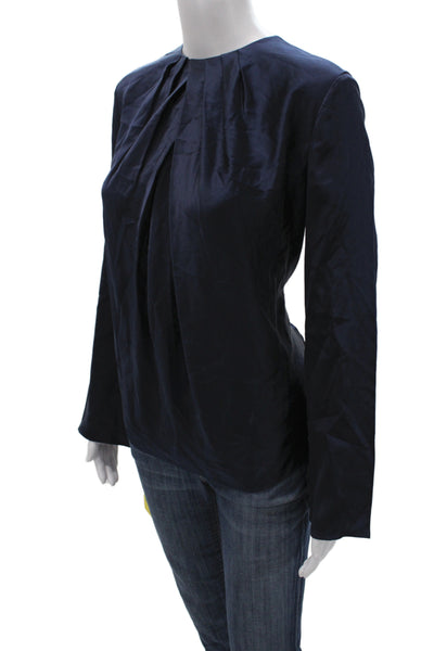 Lily Silk Women Blue Mulberry Silk Round Neck Long Sleeve Blouse Size S