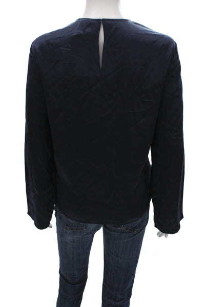 Lily Silk Women Blue Mulberry Silk Round Neck Long Sleeve Blouse Size S