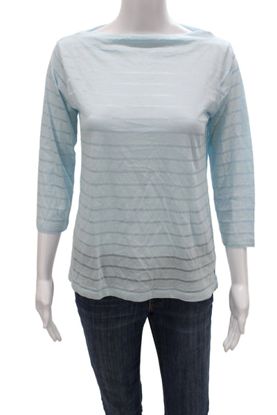Flat Iron Workshop Womens Blue Striped Boat Neck 3/4 Sleeve T-Shirt Size L