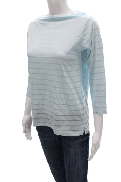 Flat Iron Workshop Women Blue T-Shirt Boat Neck 3/4 Sleeve Striped Size XS
