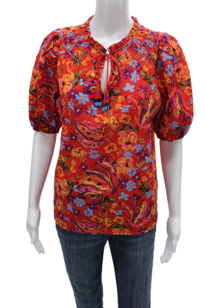 Renuar Womens Tunic Blouse Floral Multicolor Cotton Short Sleeve Size XS