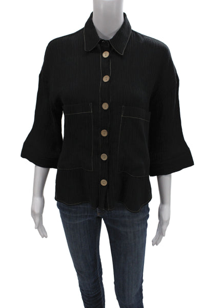 Zara Women Basic Black Collared Button-Up 3/4 Sleeve Textured Top Size XS