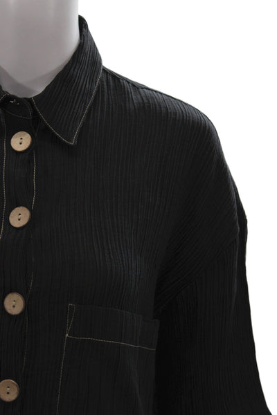 Zara Women Basic Black Collared Button-Up 3/4 Sleeve Textured Top Size XS
