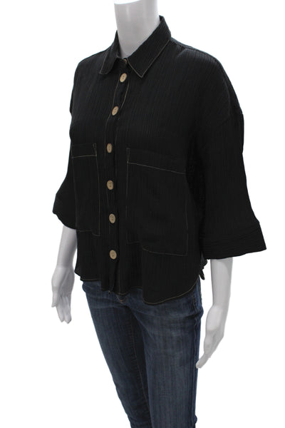 Zara Women Basic Black Collared Button-Up 3/4 Sleeve Textured Top Size XS