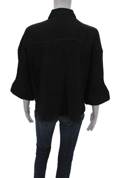 Zara Women Basic Black Collared Button-Up 3/4 Sleeve Textured Top Size XS
