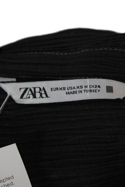 Zara Women Basic Black Collared Button-Up 3/4 Sleeve Textured Top Size XS