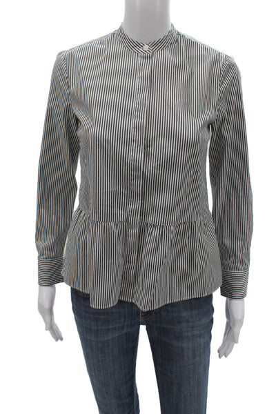 J Crew Womens Striped High Neck Long Sleeve Blouse Black 97% Cotton Size 2