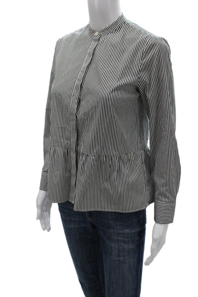J Crew Womens Striped High Neck Long Sleeve Blouse Black 97% Cotton Size 2