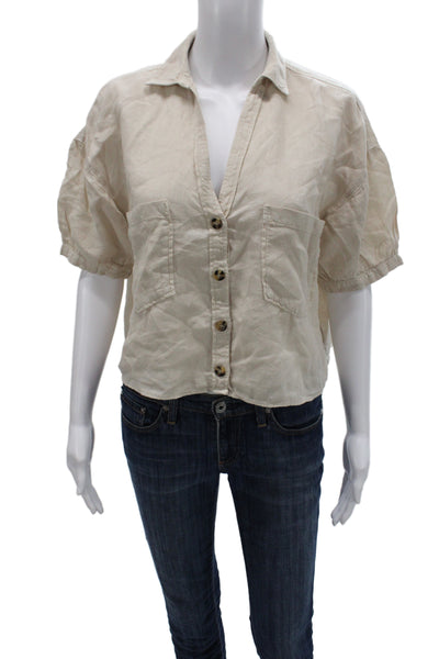 Zara Women Cropped Button-Up Linen Blend Beige Collared Short Sleeve Top Size S