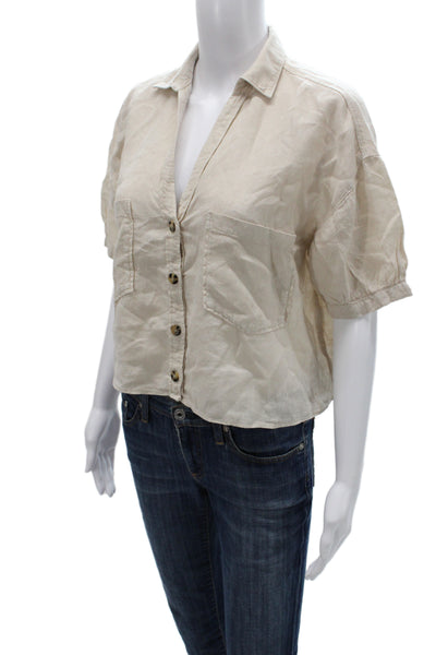 Zara Women Cropped Button-Up Linen Blend Beige Collared Short Sleeve Top Size S