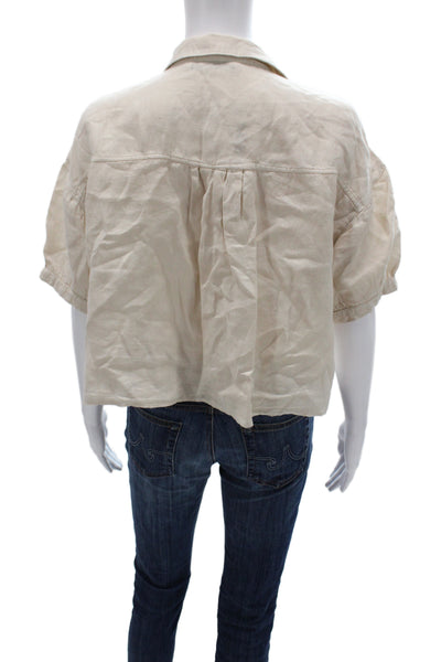 Zara Women Cropped Button-Up Linen Blend Beige Collared Short Sleeve Top Size S