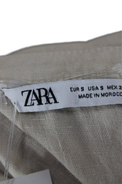 Zara Women Cropped Button-Up Linen Blend Beige Collared Short Sleeve Top Size S