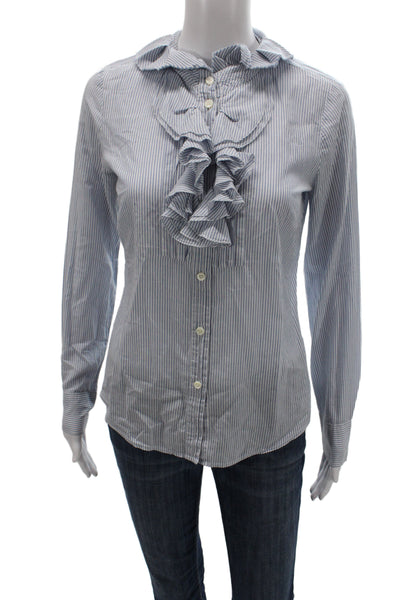 J Crew Women Blue Striped Cotton Collared Long Sleeve Basic Blouse Size S