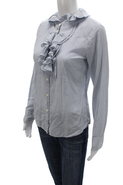 J Crew Women Blue Striped Cotton Collared Long Sleeve Basic Blouse Size S