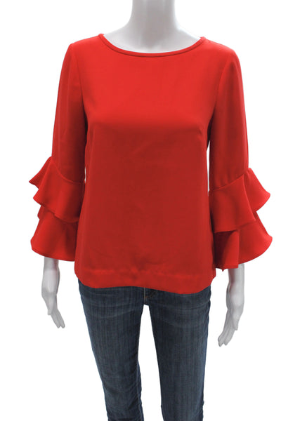 J Crew Women Basic Blouse Red Boat Neck Bell 3/4 Sleeve Solid Polyester Size 2