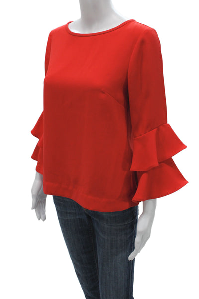 J Crew Women Basic Blouse Red Boat Neck Bell 3/4 Sleeve Solid Polyester Size 2