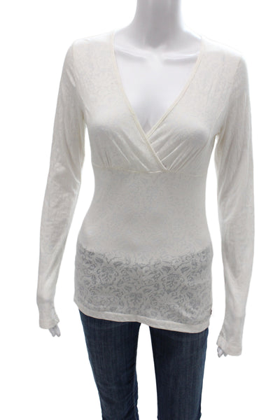 prAna Womens Jersey V-Neck Long Sleeve Blouse White Boho Floral Size S