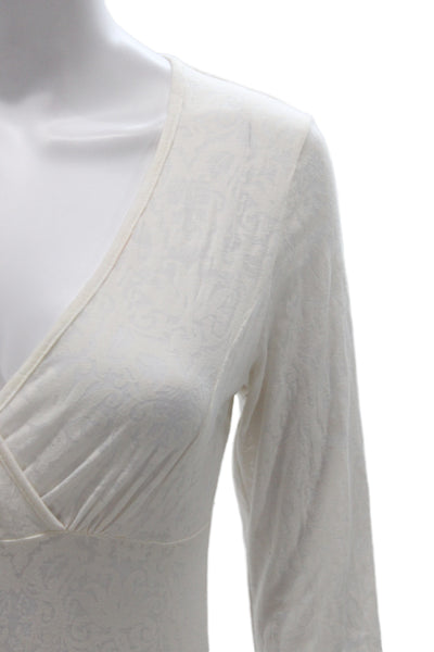 prAna Womens Jersey V-Neck Long Sleeve Blouse White Boho Floral Size S