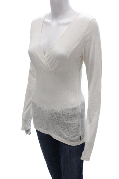 prAna Womens Jersey V-Neck Long Sleeve Blouse White Boho Floral Size S