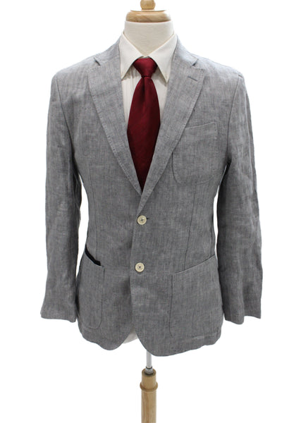 Massimo Dutti Mens Blazer Gray Linen Herringbone Button Spring Size 40