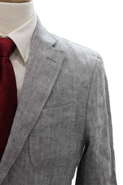 Massimo Dutti Mens Blazer Gray Linen Herringbone Button Spring Size 40