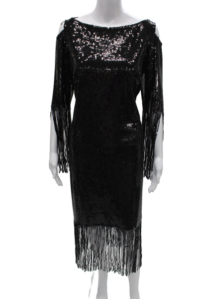 Marc Bouwer Womens Sequin Sheath Dress Black Boat Neck Long Sleeve Midi Size M