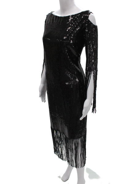 Marc Bouwer Womens Sequin Sheath Dress Black Boat Neck Long Sleeve Midi Size M