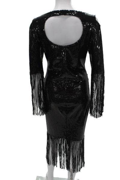 Marc Bouwer Womens Sequin Sheath Dress Black Boat Neck Long Sleeve Midi Size M