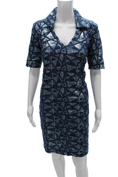 Marc Bouwer Womens Sheath Dress Blue Sequin V-Neck Short Sleeve Mid-Calf Size S