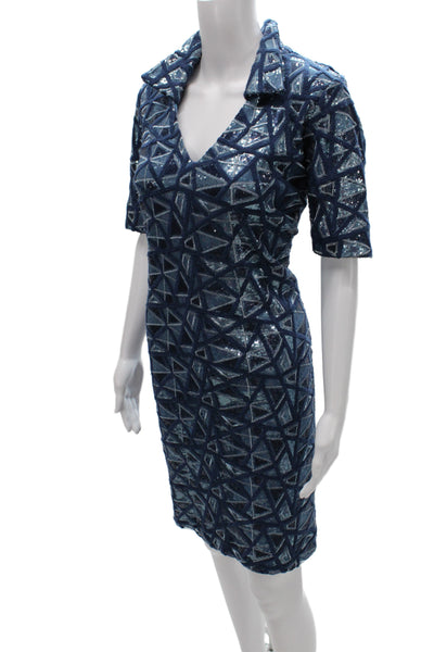 Marc Bouwer Womens Sheath Dress Blue Sequin V-Neck Short Sleeve Mid-Calf Size S
